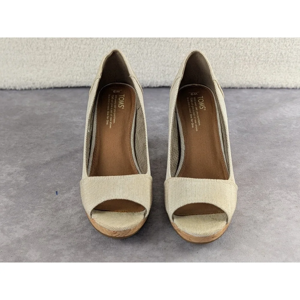 TOMS Womens Peep Toe Wedge Heels Oatmeal Canvas Cork Platform Size 9 10009767